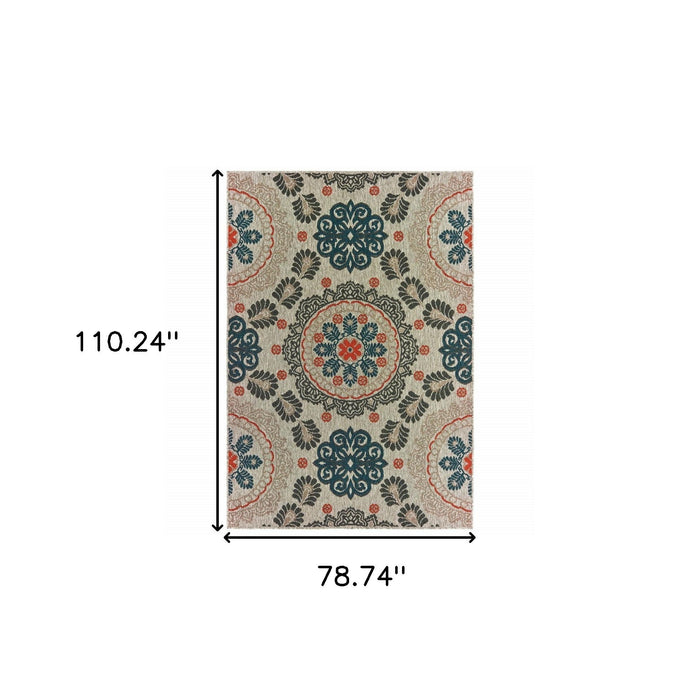 7' X 9' Damask Indoor / Outdoor Area Rug - Blue / Gray