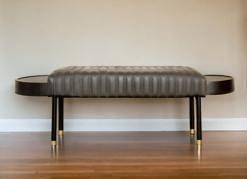 Upholstered Genuine Leather Bench - Dark Gray / Black