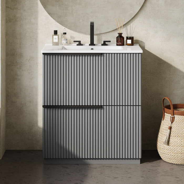 Fluted Bathroom Vanity With Ceramic Sink, Freestanding Cabinet