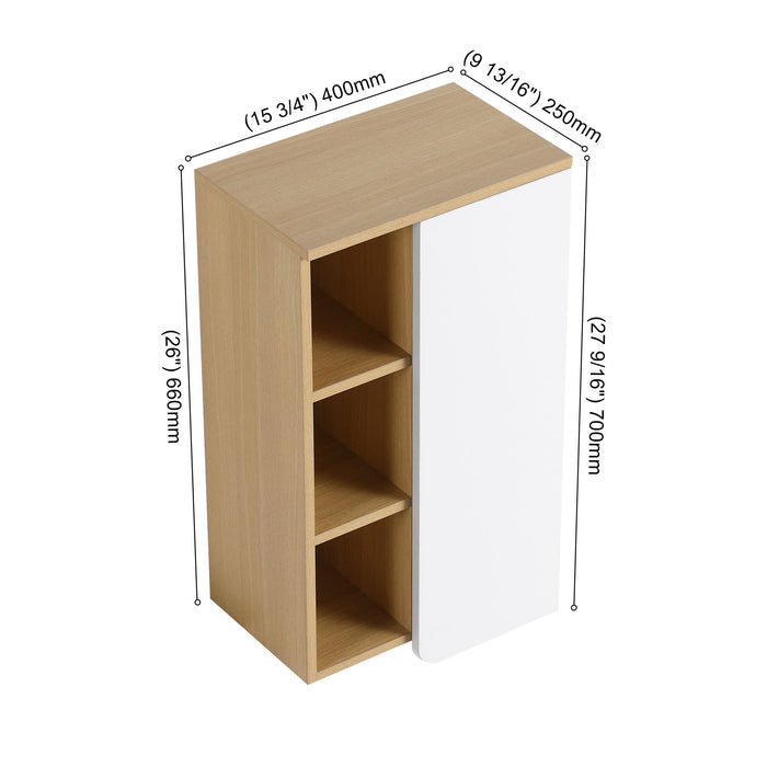 Wall Mounted Bathroom Side Cabinet, Single Door With 3 Tier Open Shelves - Black / Light Oak / White Home Essentials