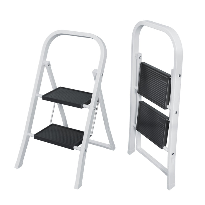 2 Step Ladder, Step Stool For Adults, Folding Step Stool With Wide Anti - Slip Pedal, Sturdy Steel Ladder - White / Black