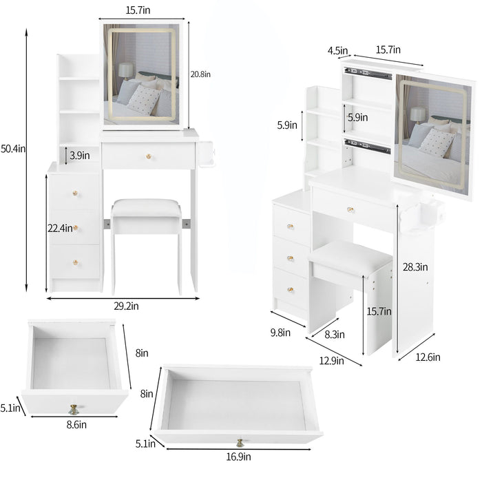 Cabinet Vanity Table & Cushioned Stool, USB Power Station, Hair Dryer Bracket - White Home Essentials