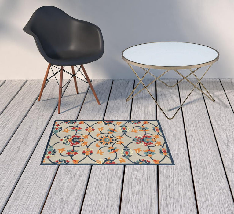 2' X 3' Floral Non Skid Indoor / Outdoor Area Rug - Blue / Orange