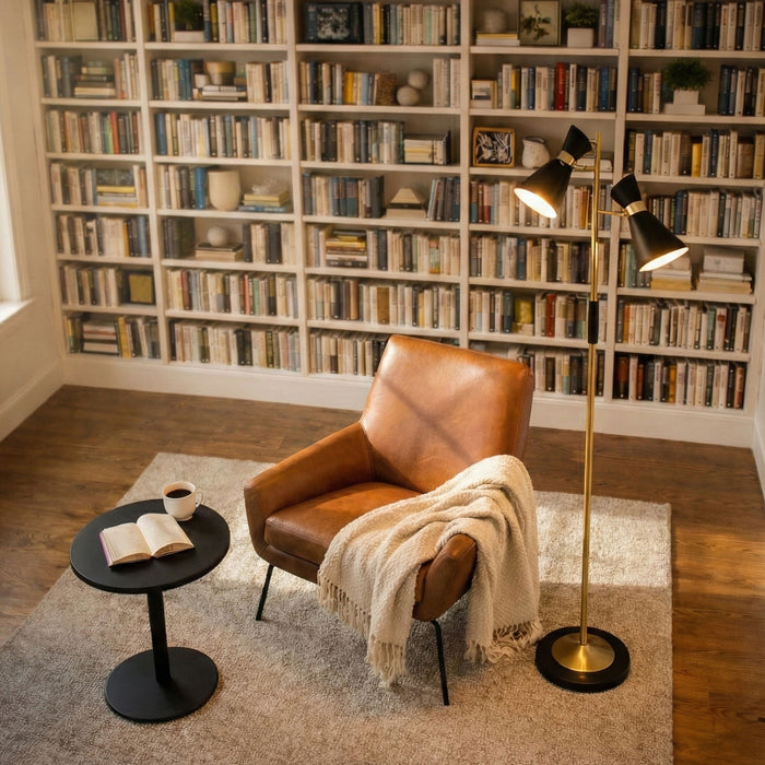 Axis - Floor Lamp With 4 Way Switch Double Spots With Base - Black / Gold Ashcroft Furniture