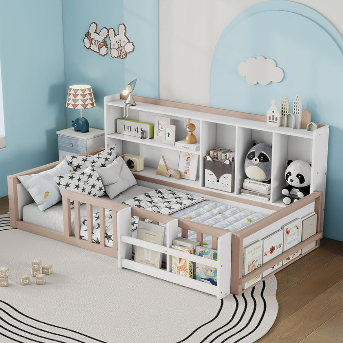 Platform Bed Frame With Guardrail, Storage Shelves & Bookshelf Home Essentials