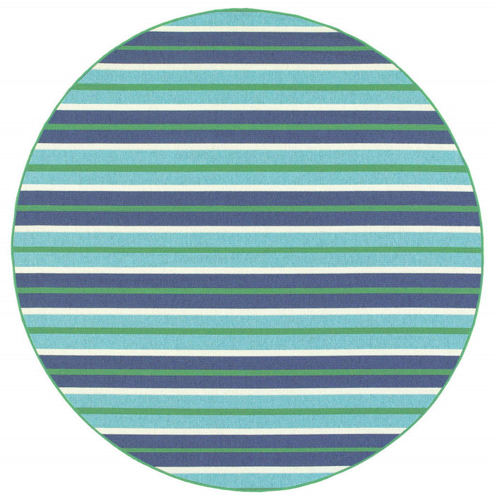 8' X 8' Round Geometric Stain Resistant Outdoor & Indoor Area Rug - Blue / Green