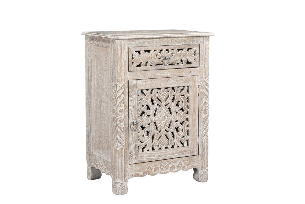 One Drawer Carved Floral Solid Wood Nightstand - Distressed White