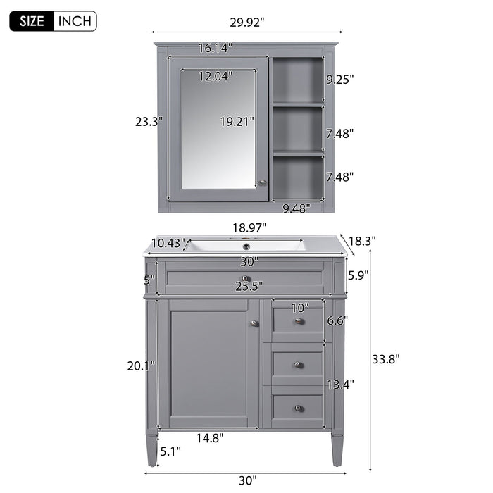 Bathroom Vanity With Top Sink, Freestanding Storage Cabinet With 2 Doors And 3 Drawers, Mirror Cabinet Included - Gray