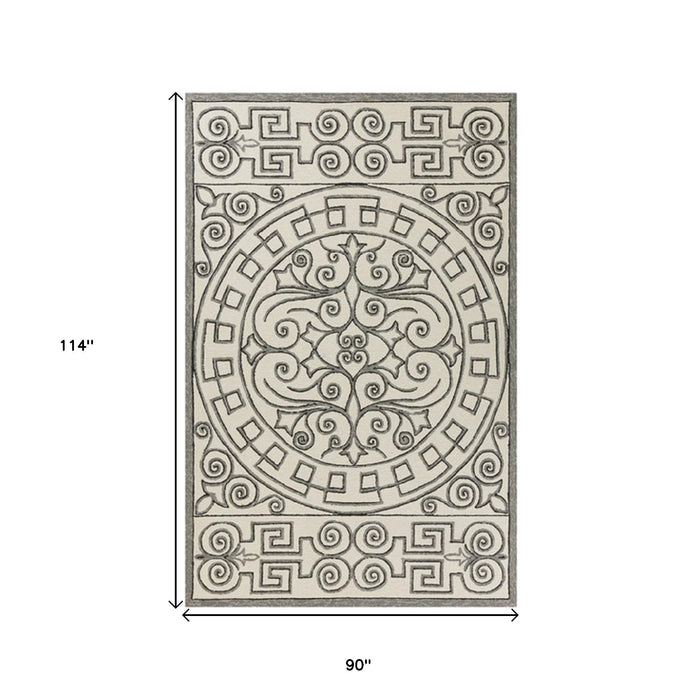 8' X 10' Hand Woven UV Treated Greek Key Medallion Indoor / Outdoor Area Rug - Ivory Gray