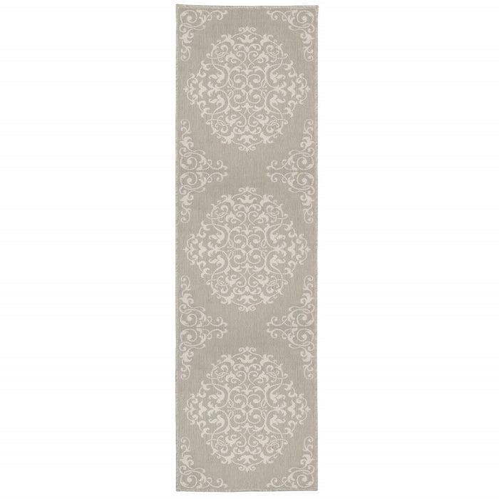 2' X 7' Oriental Stain Resistant Indoor / Outdoor Area Rug - Gray / Ivory