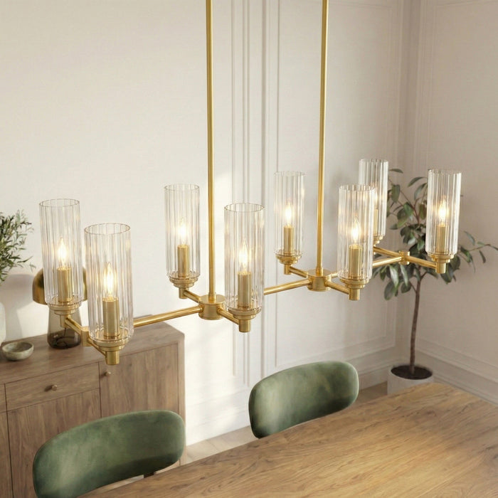 Willow - 8 Lights Island With Clear Ribbed Pendant Lamp Satin - Antique Brass / Clear / Gold Ashcroft Furniture