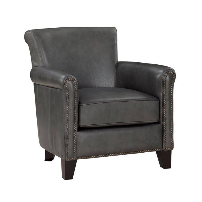 Classic Traditional Gray Accent Chair 1 Piece Solid Wood Frame Top - Grain Leather Nailhead Trim Living Room Furniture