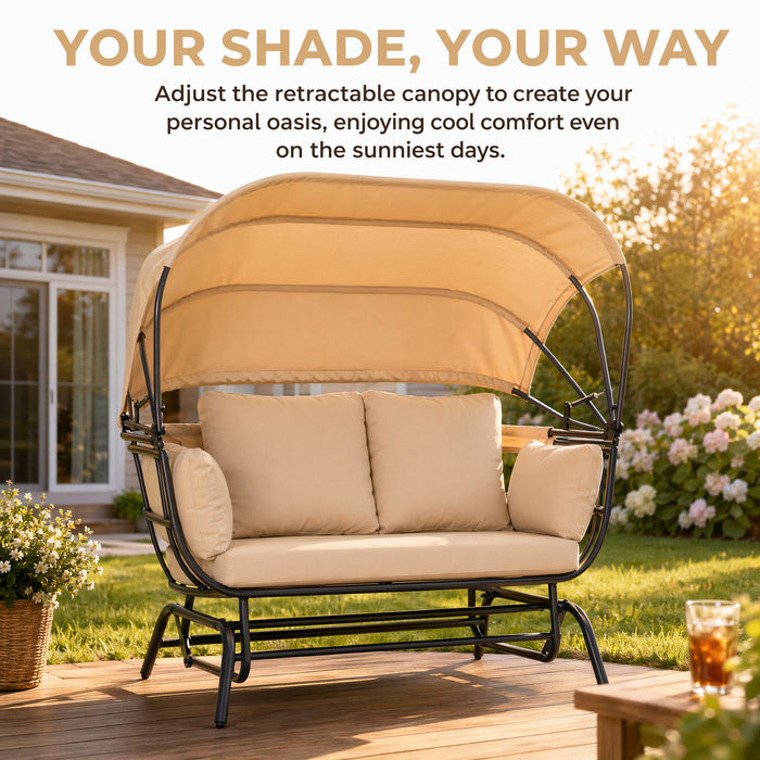 2 Person Egg Shaped Outdoor Swing Chair With Adjustable Canopy - Acacia Wood / Black / Taupe Home Essentials