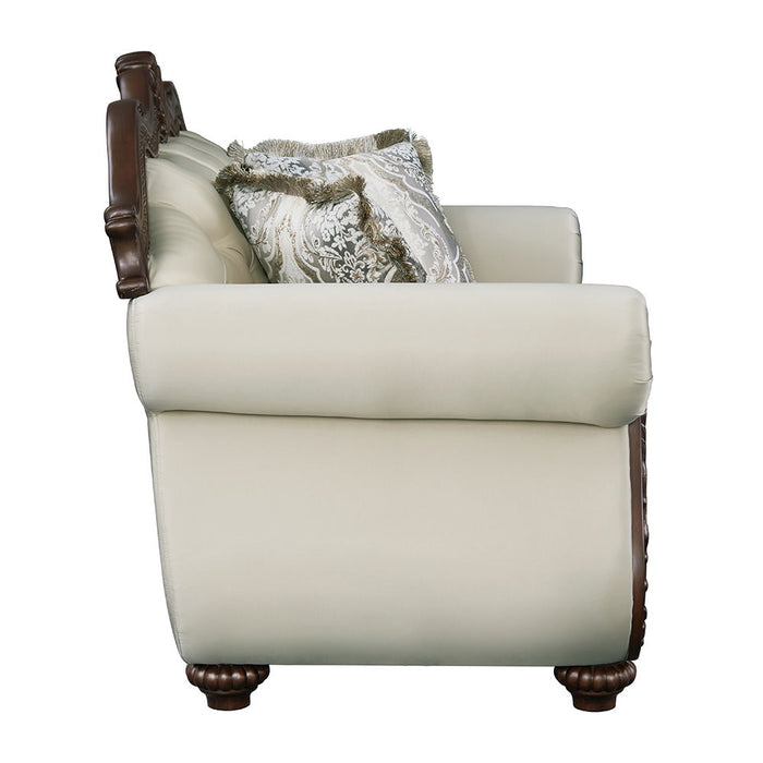 Pierce - Loveseat With 3 Pillows - Beige Fabric & Cherry Finish