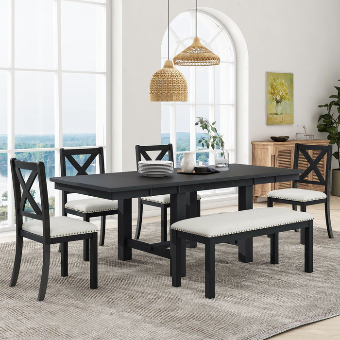 Topmax - 6 Piece Farmhouse Extendable Dining Table With Footrest, 4 Upholstered Dining Chairs And Dining Bench, Two 11" Removable Leaf