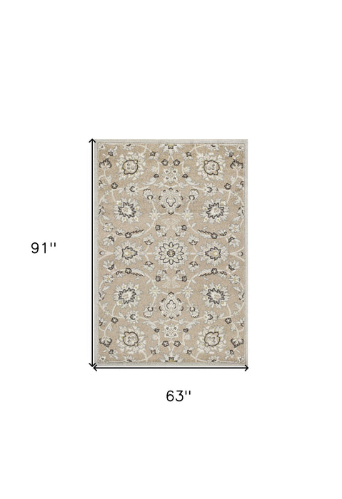 5' X 8' Machine Woven UV Treated Floral Traditional Indoor / Outdoor Area Rug - Beige Gray