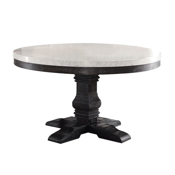 Nolan - Round Dining Table - White Marble Top & Salvage Dark Oak