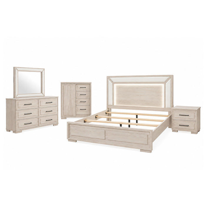 Ciara - King 5 Piece Bedroom Set With LED Lighting, Clean Lines And Upholstered Mirror - Beige Global Furniture USA