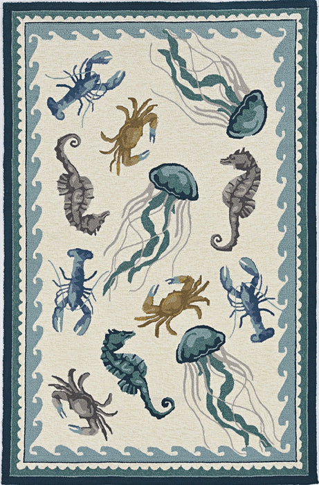 2' X 3' Hand Hooked UV Treated Bordered Coastal Sea Life Indoor / Outdoor Accent Rug - Ivory Teal