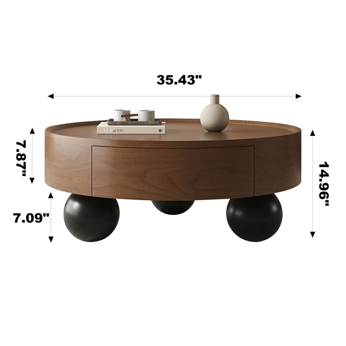 Round Coffee Table With Storage Drawer And Ball Feet - Walnut / Black Home Essentials