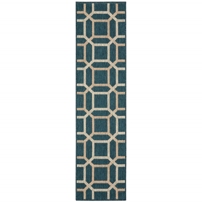 2' X 8' Geometric Stain Resistant Indoor & Outdoor Area Rug - Gray / Blue