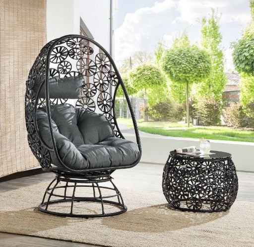 Hikre - Patio Lounge Chair & Side Table - Clear Glass, Charcoal Fabric & Black Wicker ACME