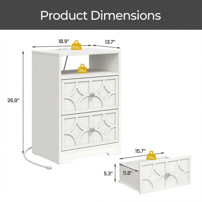 Nightstand With Diamond Carvings Handles, 2 Drawers & Charging Station Home Essentials