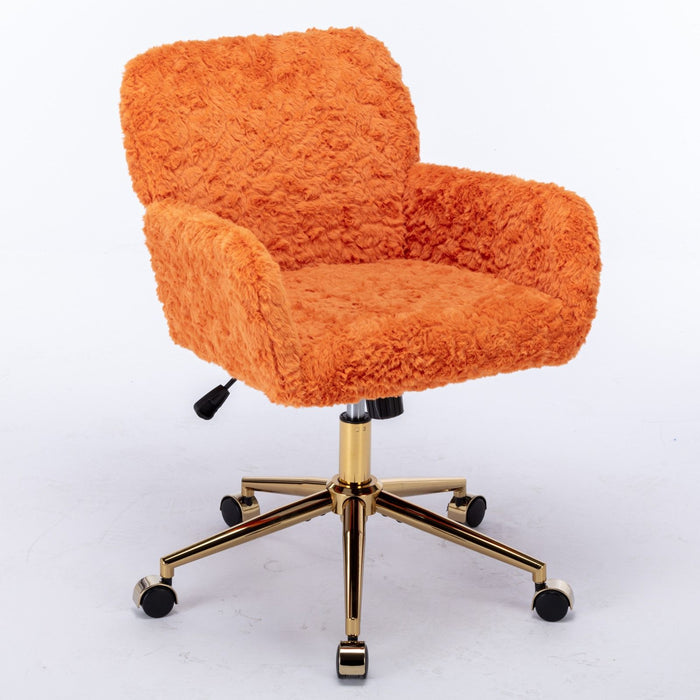 A&A Furniture Office Chair, Artificial Rabbit Hair Home Office Chair With Golden Metal Base, Adjustable Desk Chair Swivel Office Chair, Vanity Chair (Orange)