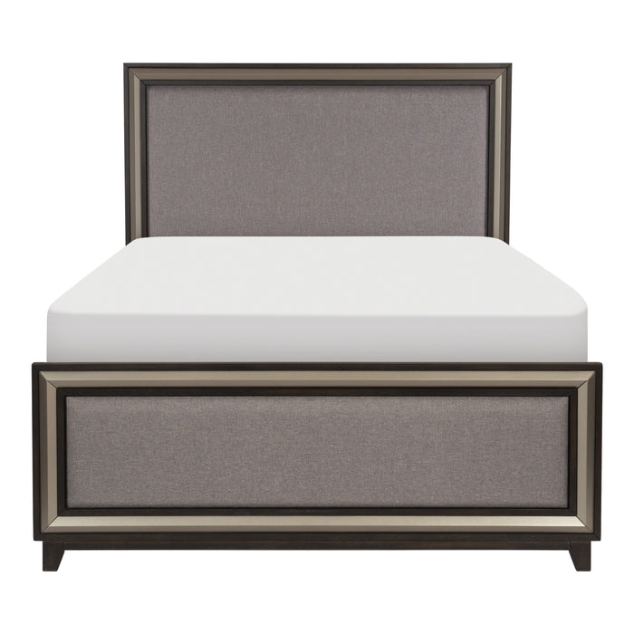 Ebony Finish And Silver Lining Modern Queen Bed Gray Upholstered Headboard Footboard Contemporary Wooden Bedroom Furniture Panel Bed 1 Piece
