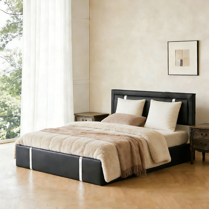 Upholstered Platform Bed Frame With Adjustable LED Headboard, USB C-Charging, Hydraulic Lift Home Essentials