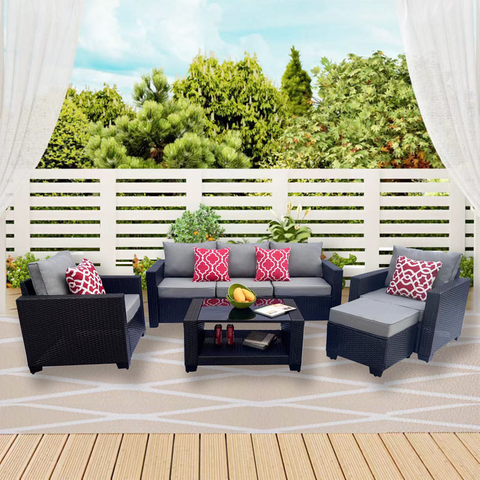 Outdoor Garden Patio Furniture 7 Piece PE Rattan Wicker Cushioned Sofa Sets And Coffee Table, Patio Furniture Set;Outdoor Couch;Outdoor Couch Patio Furniture;Outdoor Sofa;Patio Couch - Gray