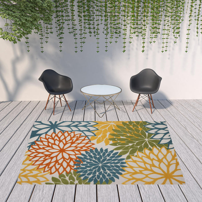 8' X 11' Floral Non Skid Indoor / Outdoor Area Rug - Turquoise