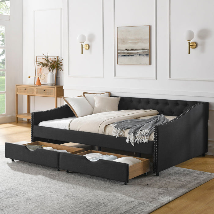 Upholstered Tufted Daybed With 2 Drawers, Waved Arms Home Essentials
