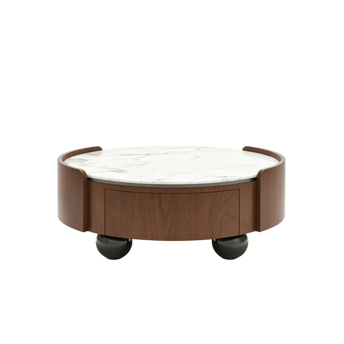 Round Coffee Table With Ball Feet, Dual Storage Drawers For Living Room - Walnut Brown Home Essentials