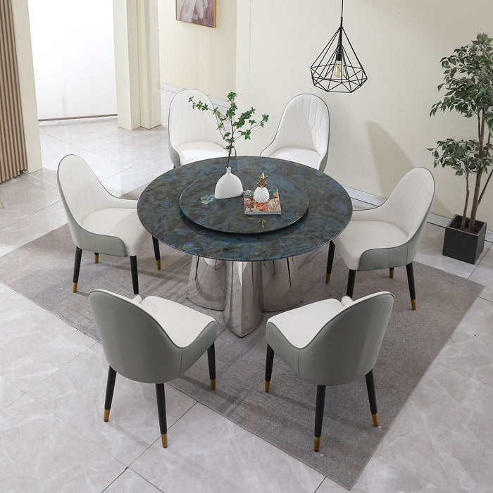 53.3" Modern Sintered Stone Dining Table With 31.5" Round Turntable And Metal Exquisite Pedestal With 6 Pieces Chairs