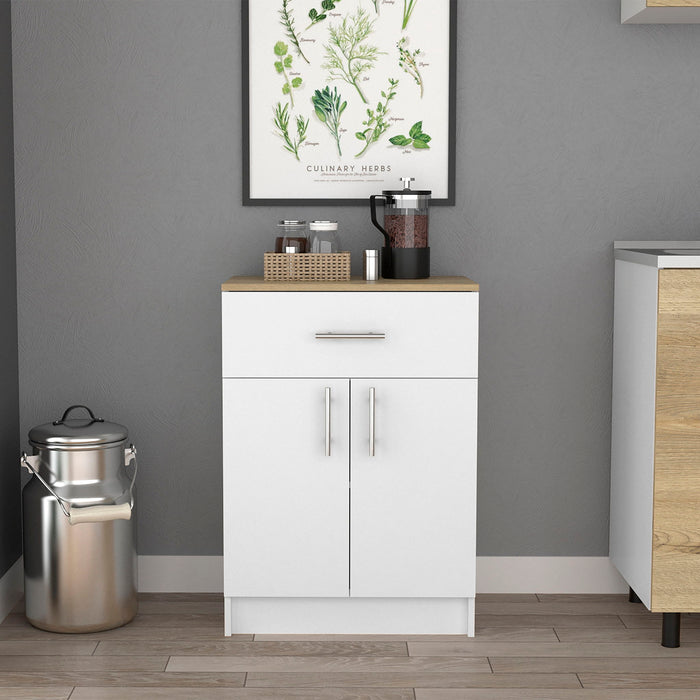Pantry Organizer Cabinet One Drawer, Two Interior Shelves, Two Doors - White / Light Oak Home Essentials