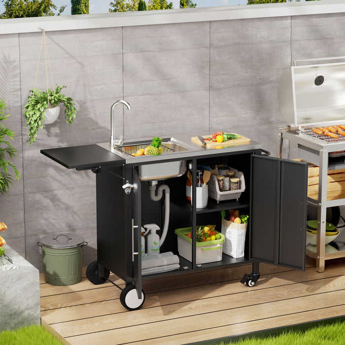 Outdoor Grill Table With Sink, Worktable Kitchen Cabinet Island With Wheels & Foldable Top - Black Daily Nest