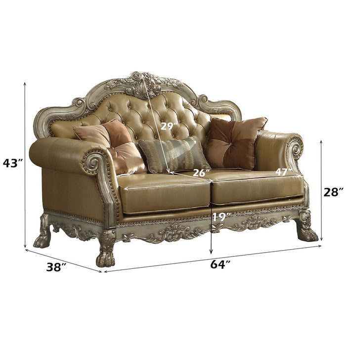 Dresden - Loveseat With 3 Pillows - Bone Synthetic Leather & Gold Patina ACME