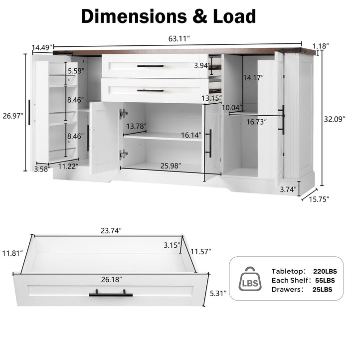 Barn Door Storage Cabinet With 2 Drawers & Door Rack, Adjustable Shelves Home Essentials