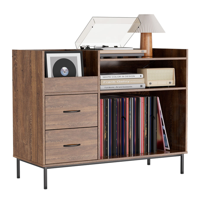 Eco-Friendly Vinyl Record Player Stand With Flip-Top Storage, Media Console With Dual Outlets And Dustproof Drawers Home Essentials