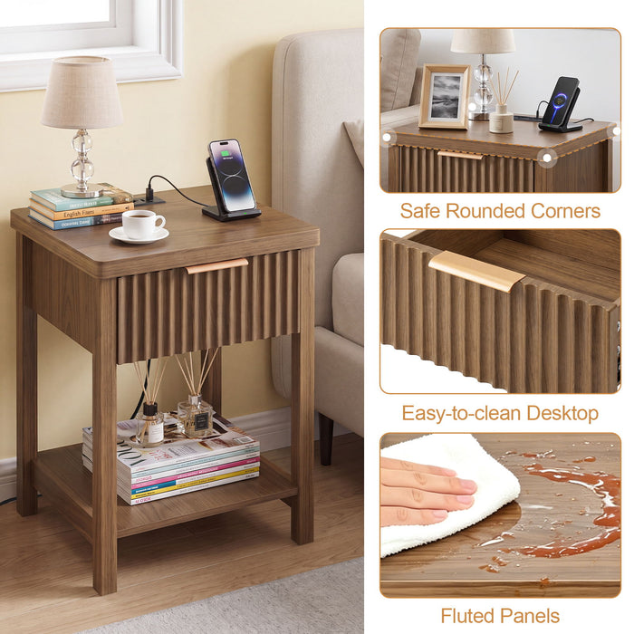 Nightstand, Bedside Table With Built In Charging Station (Set of 2) - Walnut Home Essentials