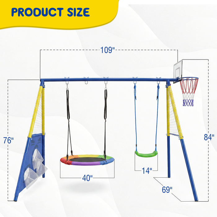 5 In 1 Kids Swing Set With Saucer Swing, Belt Swing, Basketball Hoop & Soccer Goal - Blue / Yellow Daily Nest