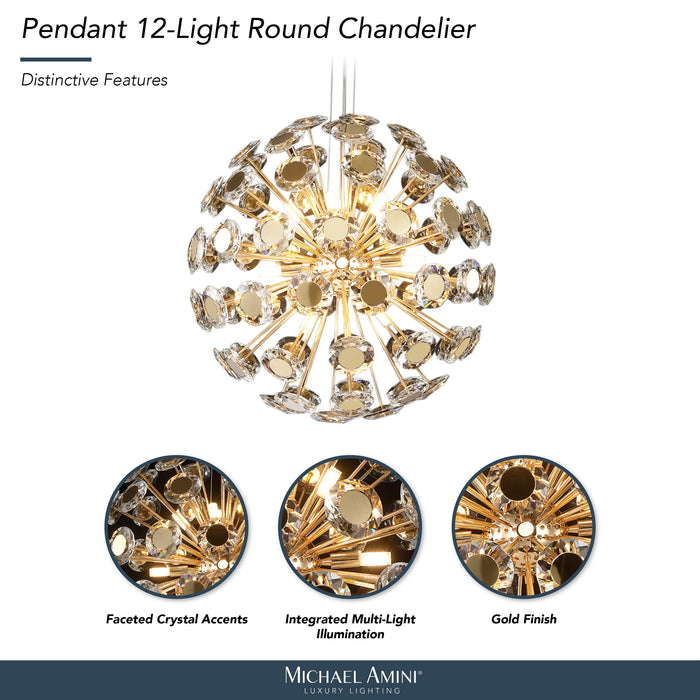 Michael Amini Lighting - Pendant 12-Light Round Crystal Chandelier - Gold Michael Amini