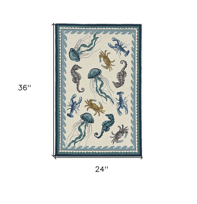 2' X 3' Hand Hooked UV Treated Bordered Coastal Sea Life Indoor / Outdoor Accent Rug - Ivory Teal