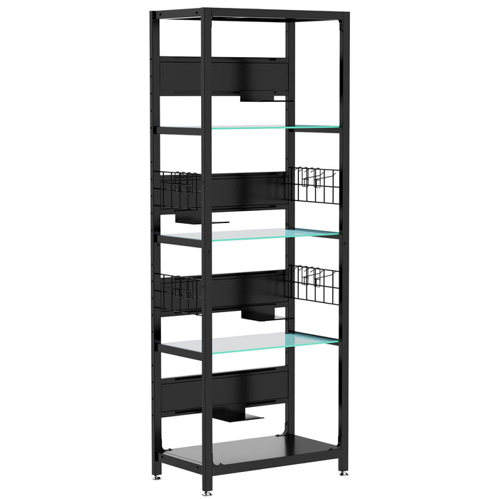4 Tier Display Shelf With RGB Lights, LED Lighted Curio Cabinet With Adjustable Storage Box & Hooks - Black Daily Nest