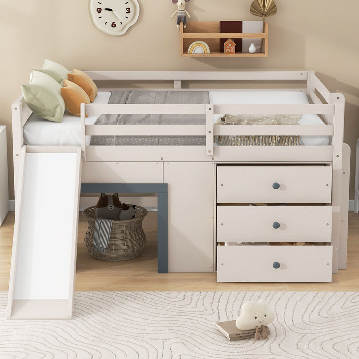 Modern Low Loft Bed With Slide, 3 Storage Drawers, And 2 Doors Hearth and Haven