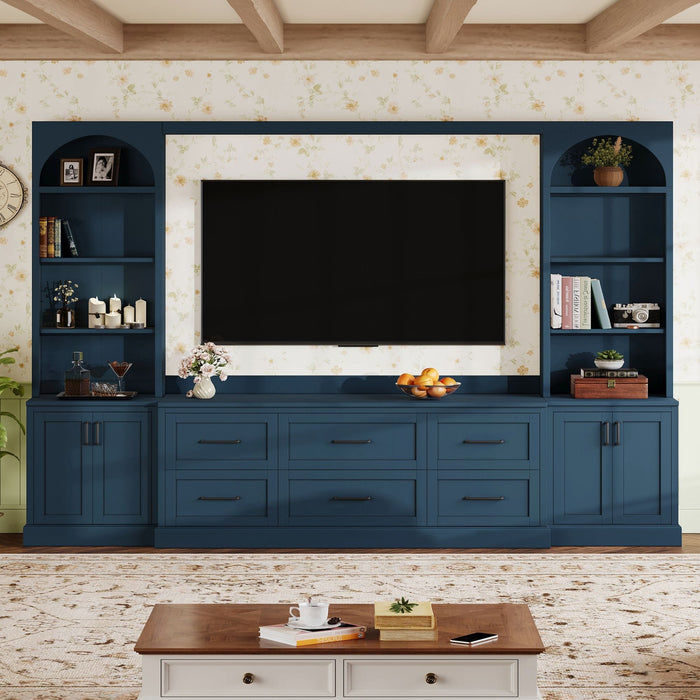 Arched Entertainment Center Wall Unit With 6 Drawers, Large TV Stand With Bookshelves Hearth and Haven