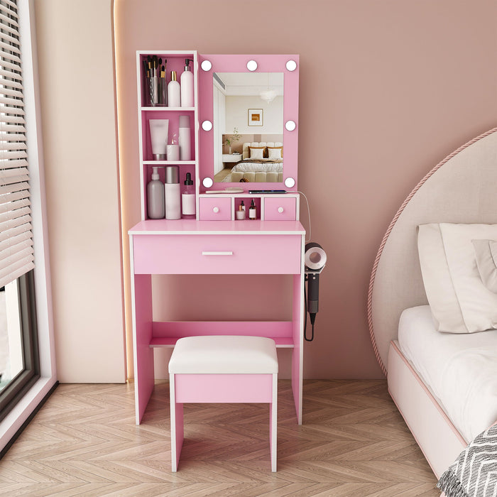 Vanity Table With Mirror, Adjustable LED Lights, Power Outlet, Hairdryer Holder & Stool Home Essentials