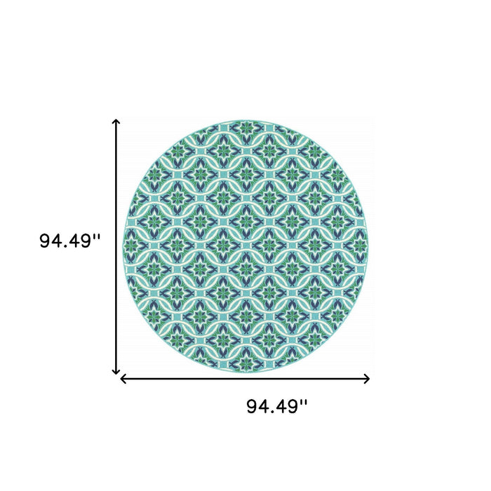 8' X 8' Round Geometric Stain Resistant Indoor & Outdoor Area Rug - Blue / Green