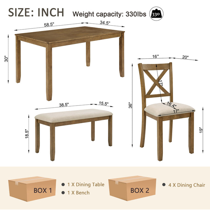 6 Piece Dining Table Set, Large Rectangular Table With Upholstered Bench & 4 X - Back Chairs, Kitchen Furniture - Oak Home Essentials